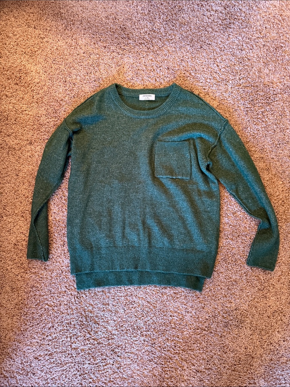 Zenana Dark Heathered Green Sweater with Pocket Detail - L/XL